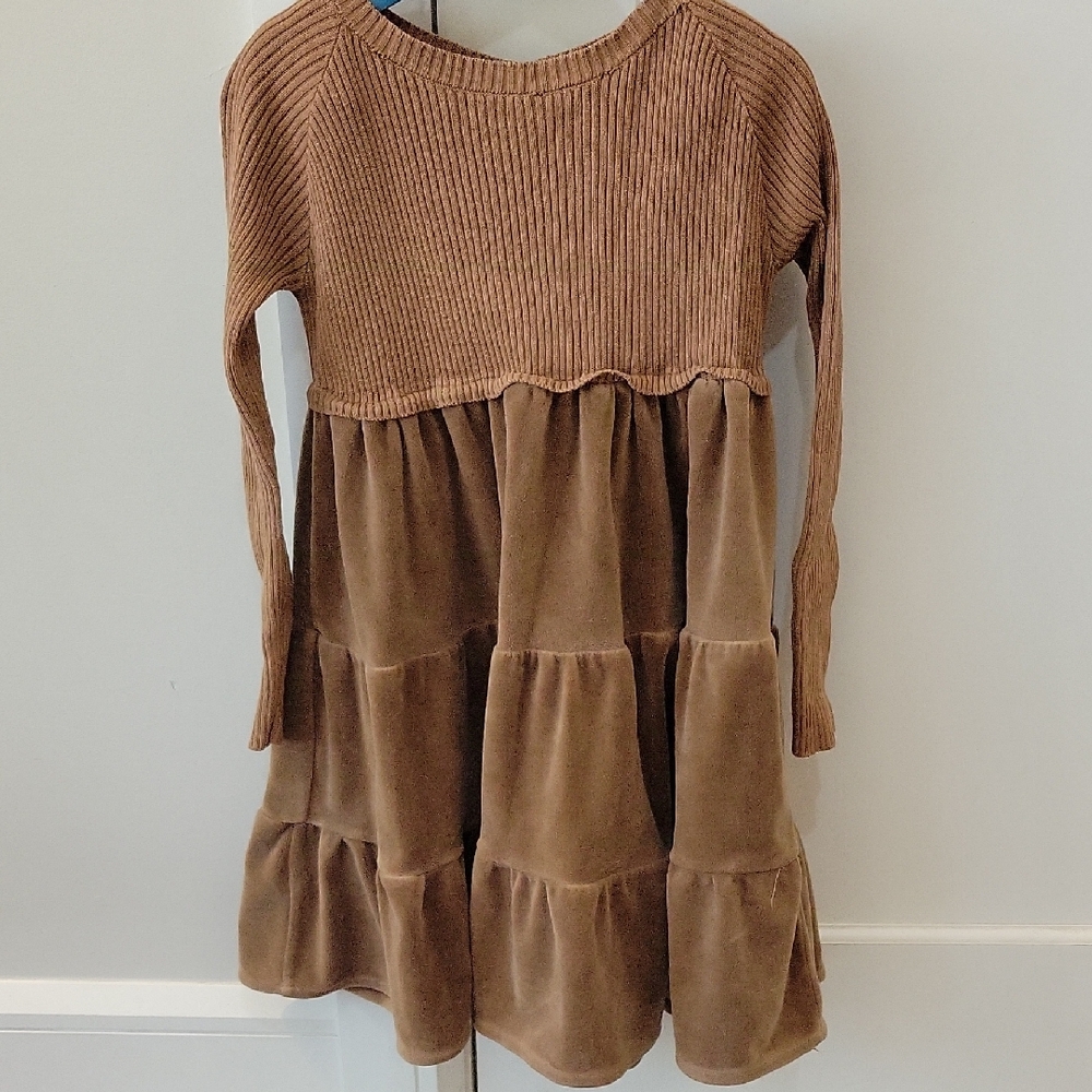 Brown Long Sleeve Tiered Kids Dress